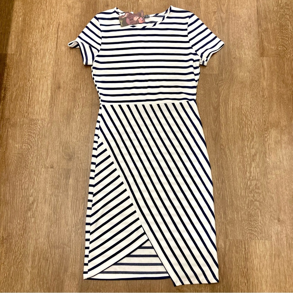 Striped Navy Blue and White Dress Medium